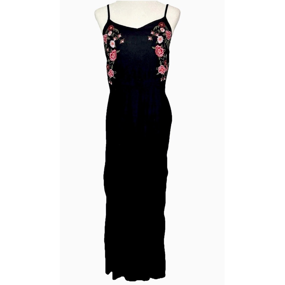 Love, Fire Dress Maxi Med Black Embroidered Tiered Ruffle Adj Strap Boho Peasant